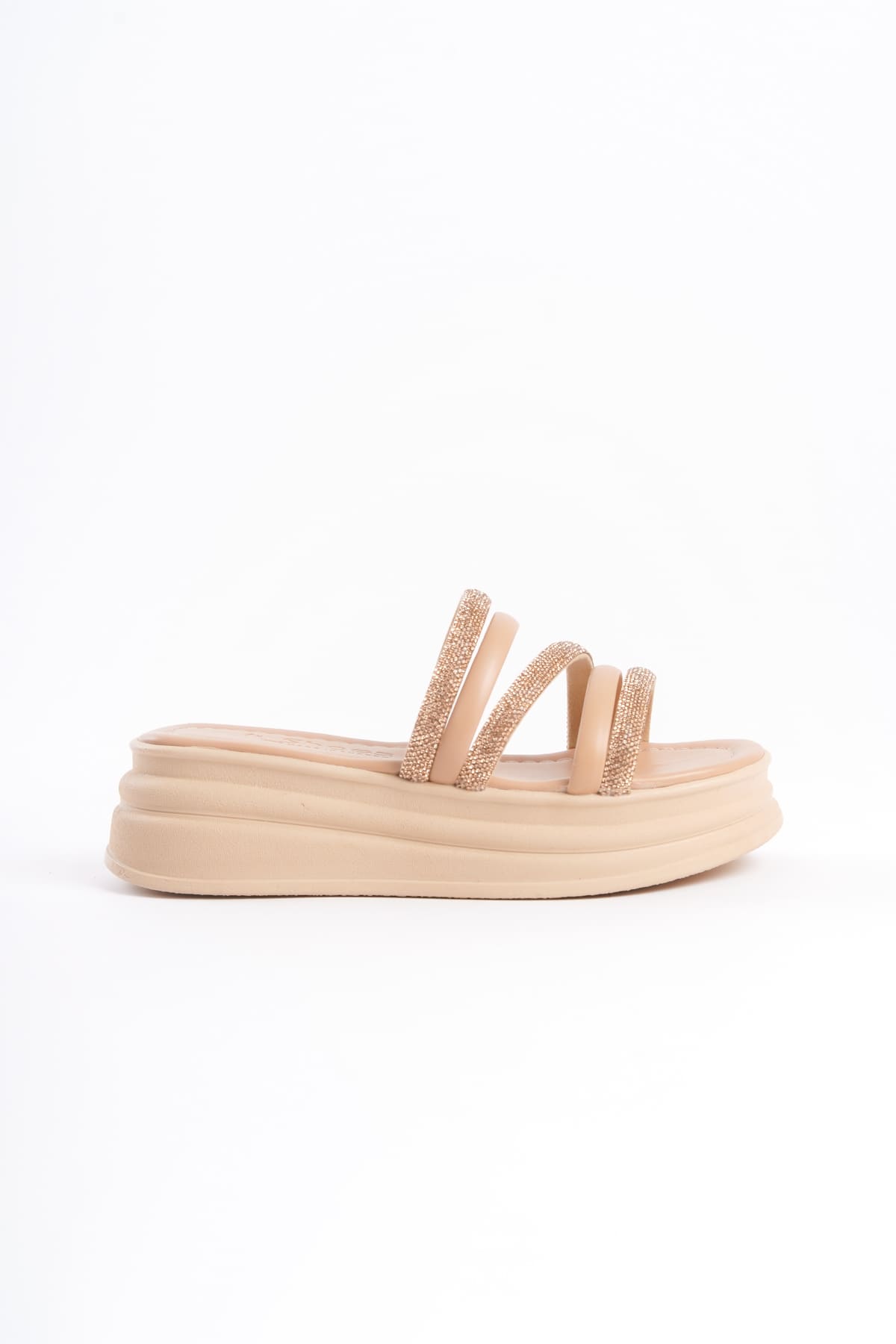 ELA Thick Heeled Striped Stoned Orthopedic Women's Slippers - Skin