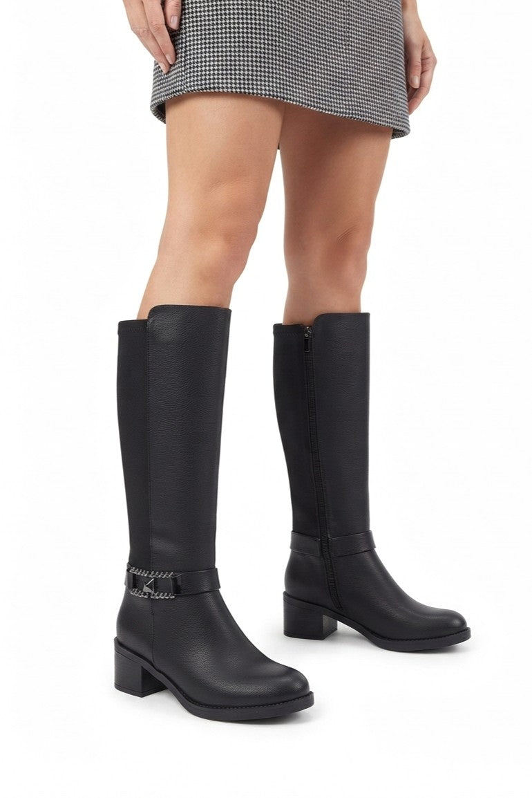 Emx Premium Black Stretch Heeled Zipper Boot