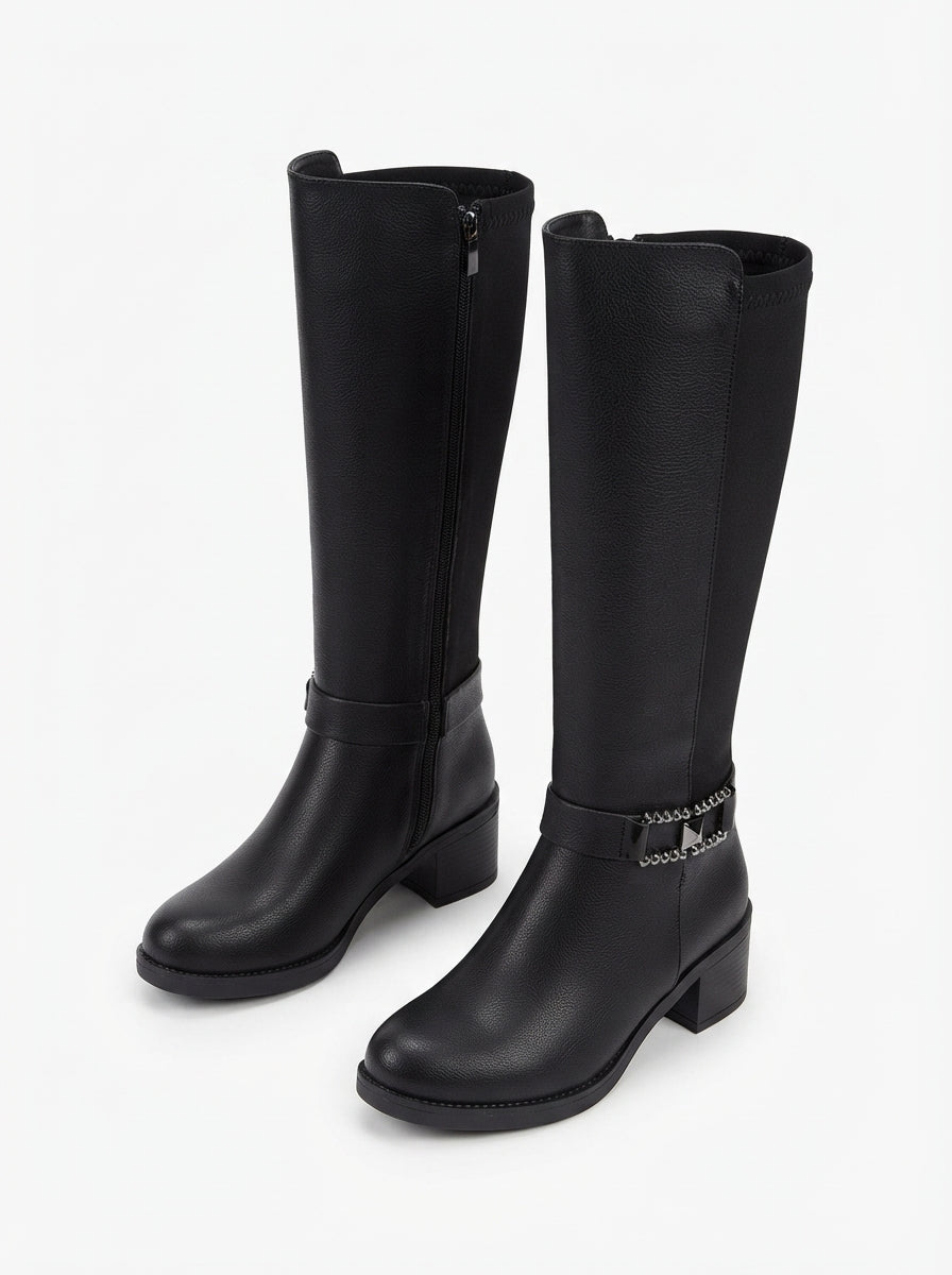 Emx Premium Black Stretch Heeled Zipper Boot
