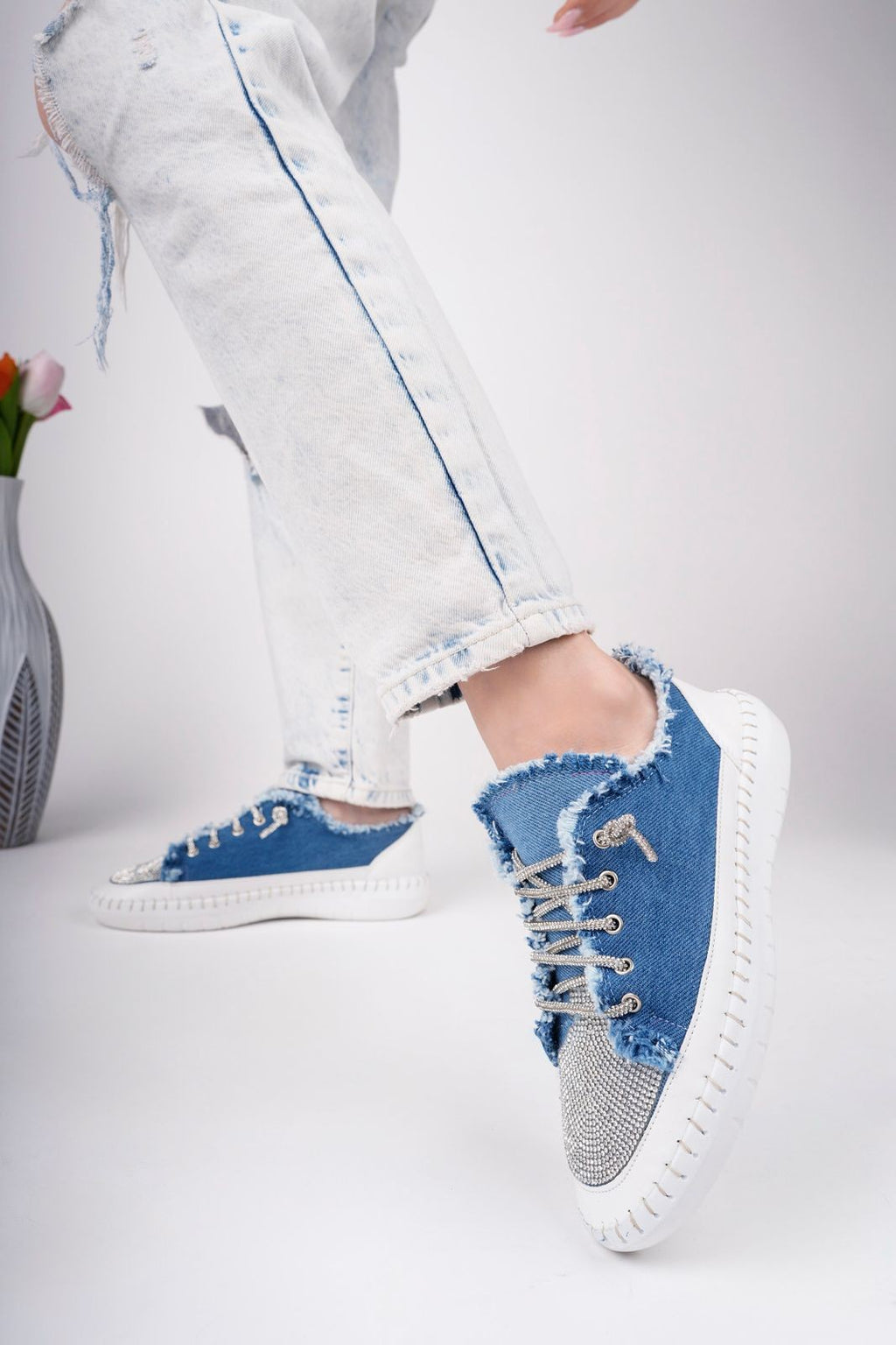 DAMSEL Premium Bağcıklı Taşlı Kadın Günlük Denim Mavi Sneaker Spor Ayakkabı