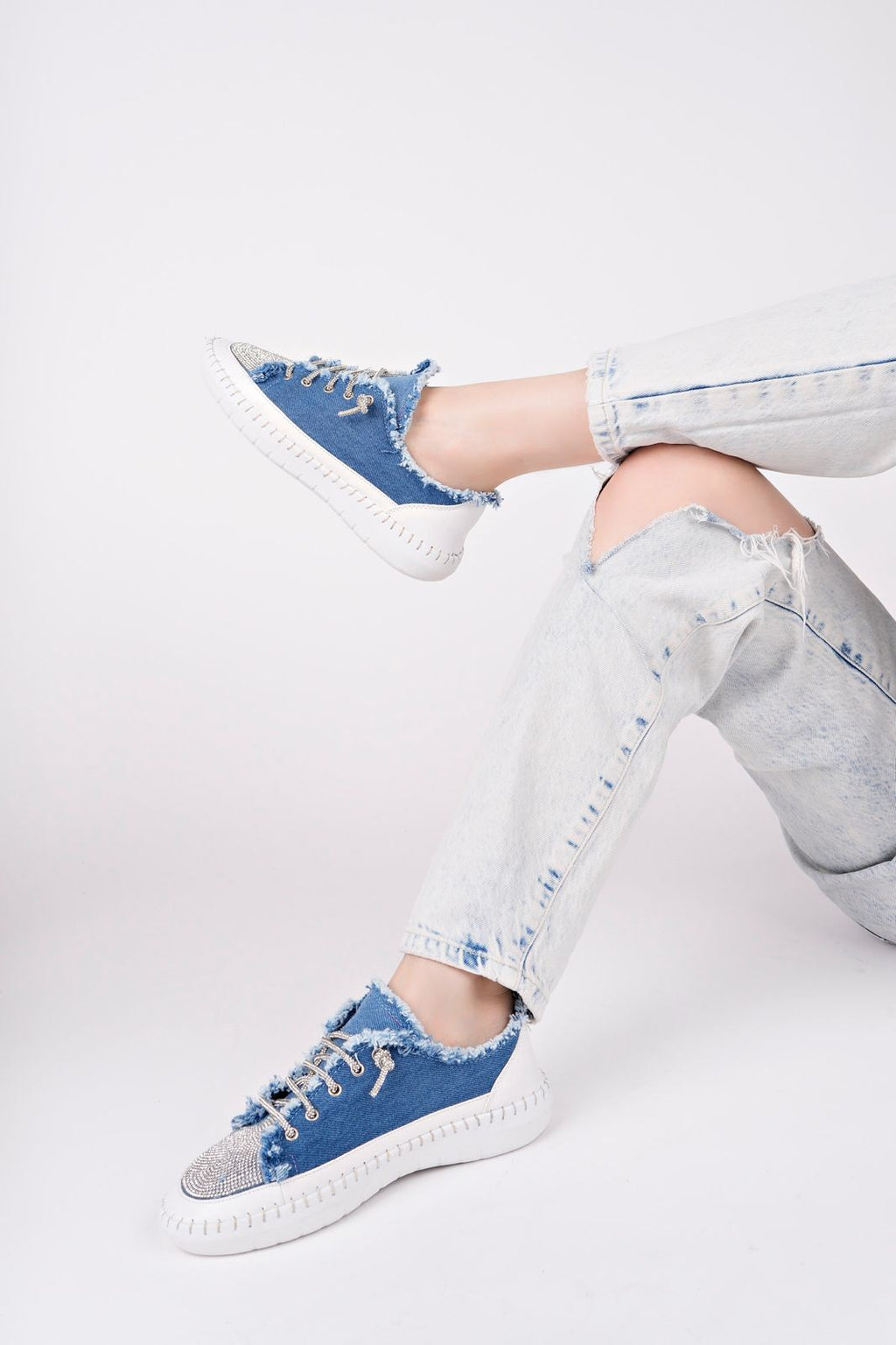 DAMSEL Premium Bağcıklı Taşlı Kadın Günlük Denim Mavi Sneaker Spor Ayakkabı