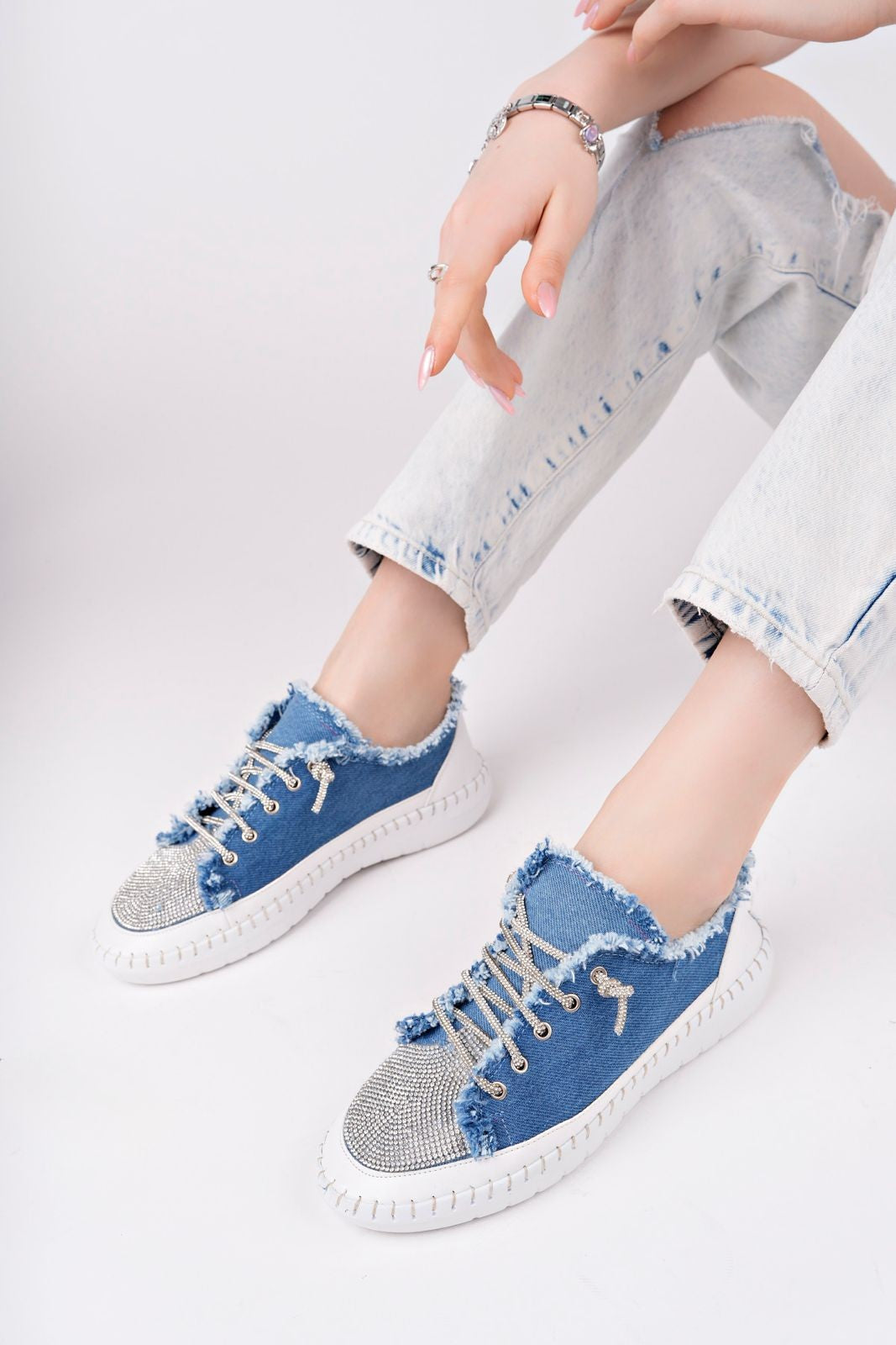 DAMSEL Premium Bağcıklı Taşlı Kadın Günlük Denim Mavi Sneaker Spor Ayakkabı