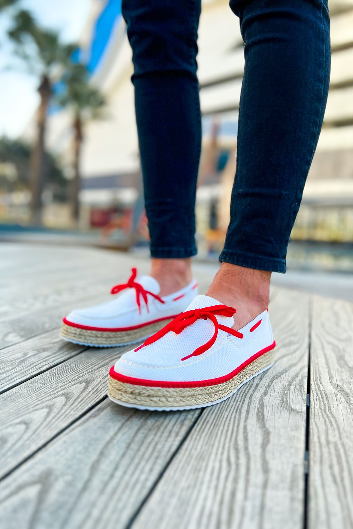 ZRC311 Premium Daily Lace-Up Linen Men's Espadrilles White Red