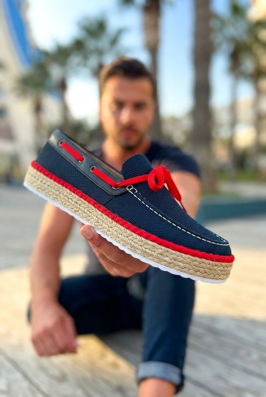 ZRC311 Premium Günlük Bağcıklı Keten Erkek Espadril Siyah Kırmızı
