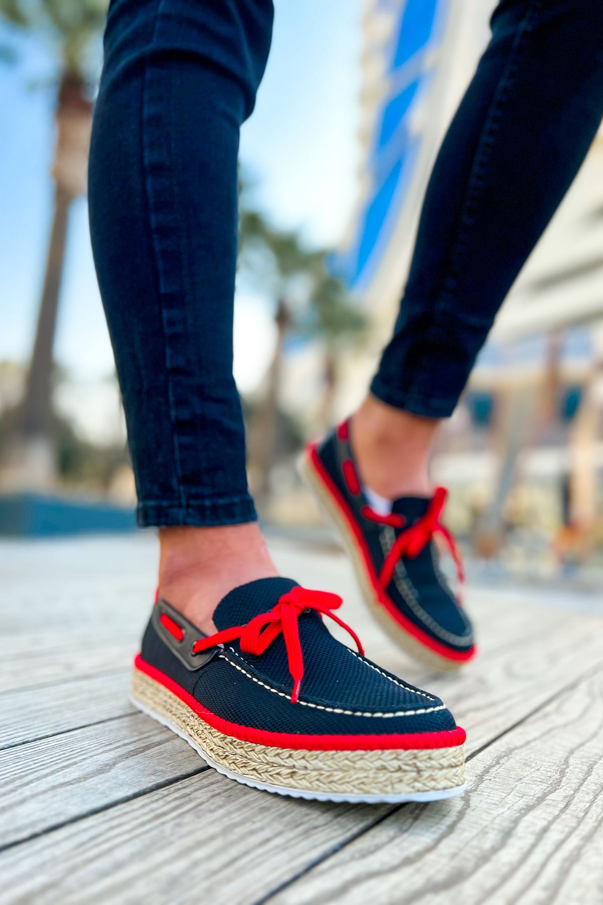 ZRC311 Premium Günlük Bağcıklı Keten Erkek Espadril Siyah Kırmızı
