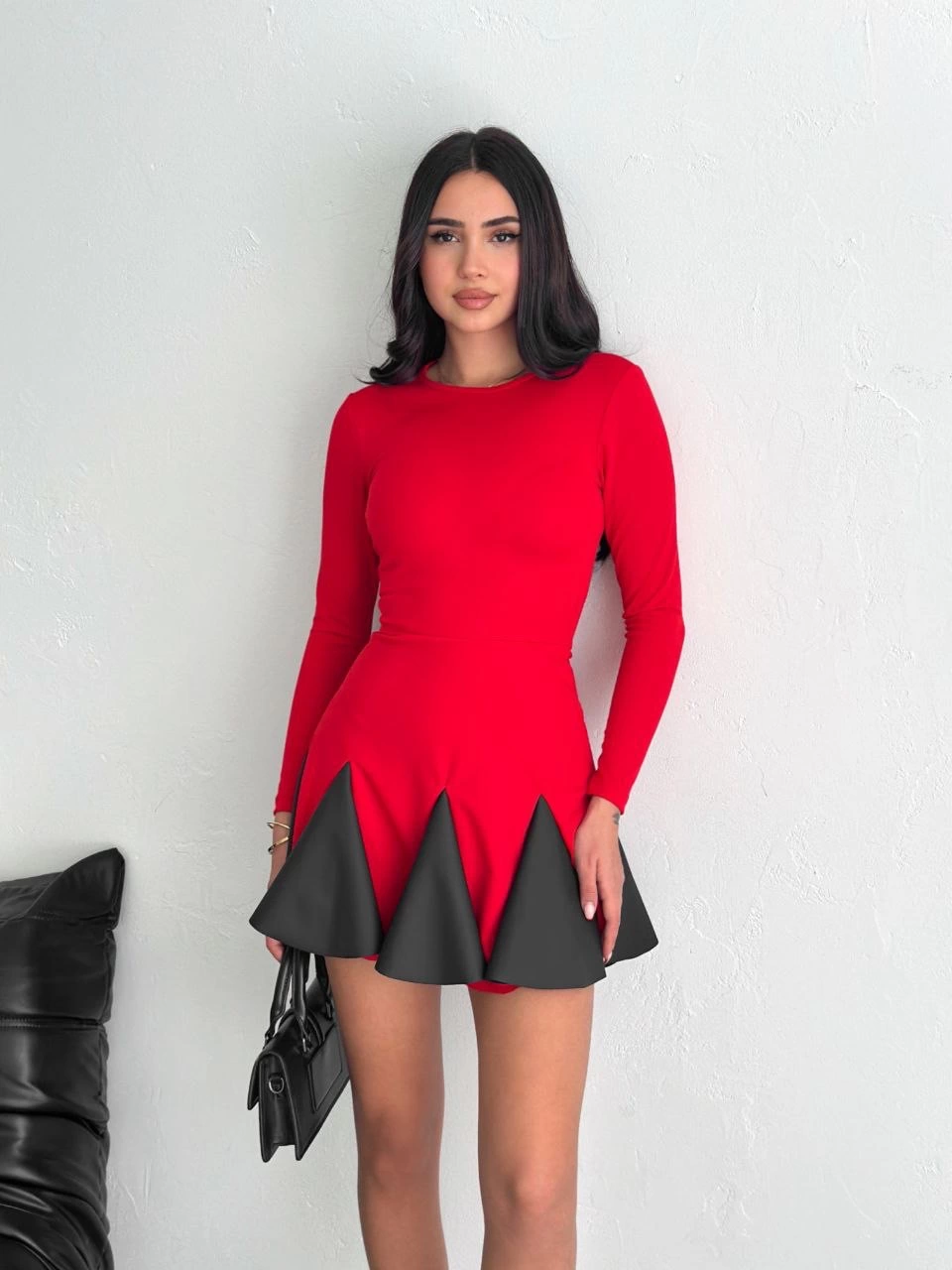 Eteği Kloş Crep Mini Elbise Kırmızı