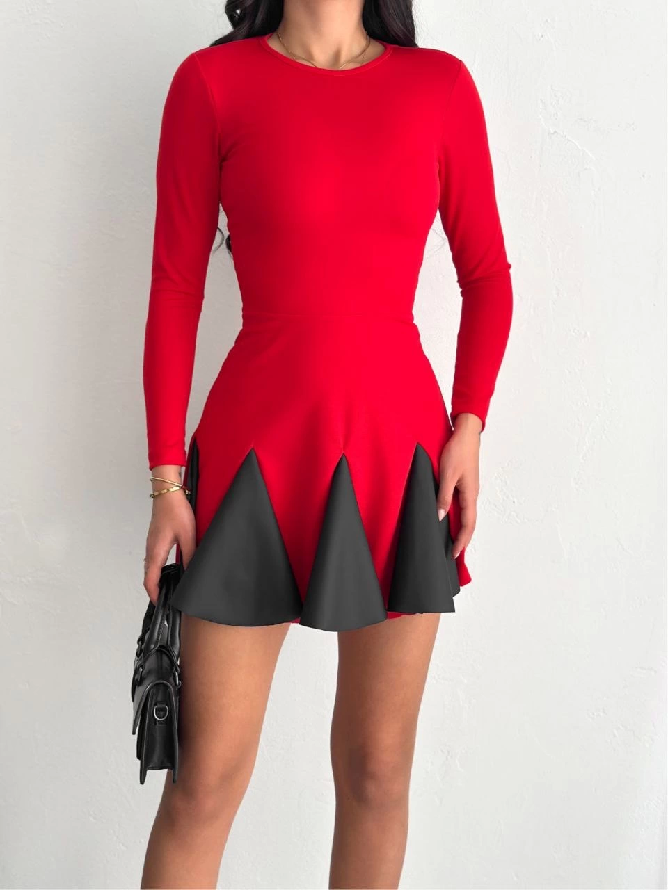 Eteği Kloş Crep Mini Elbise Kırmızı
