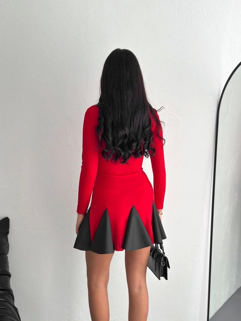 Eteği Kloş Crep Mini Elbise Kırmızı