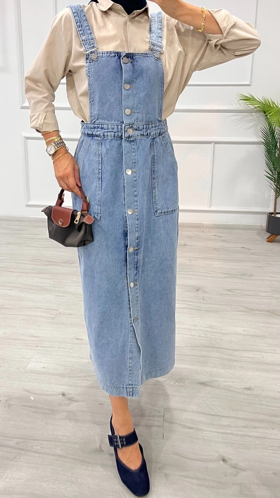 Etekli Salopet Enzim Süper Taş Yıkama Buz Mavi