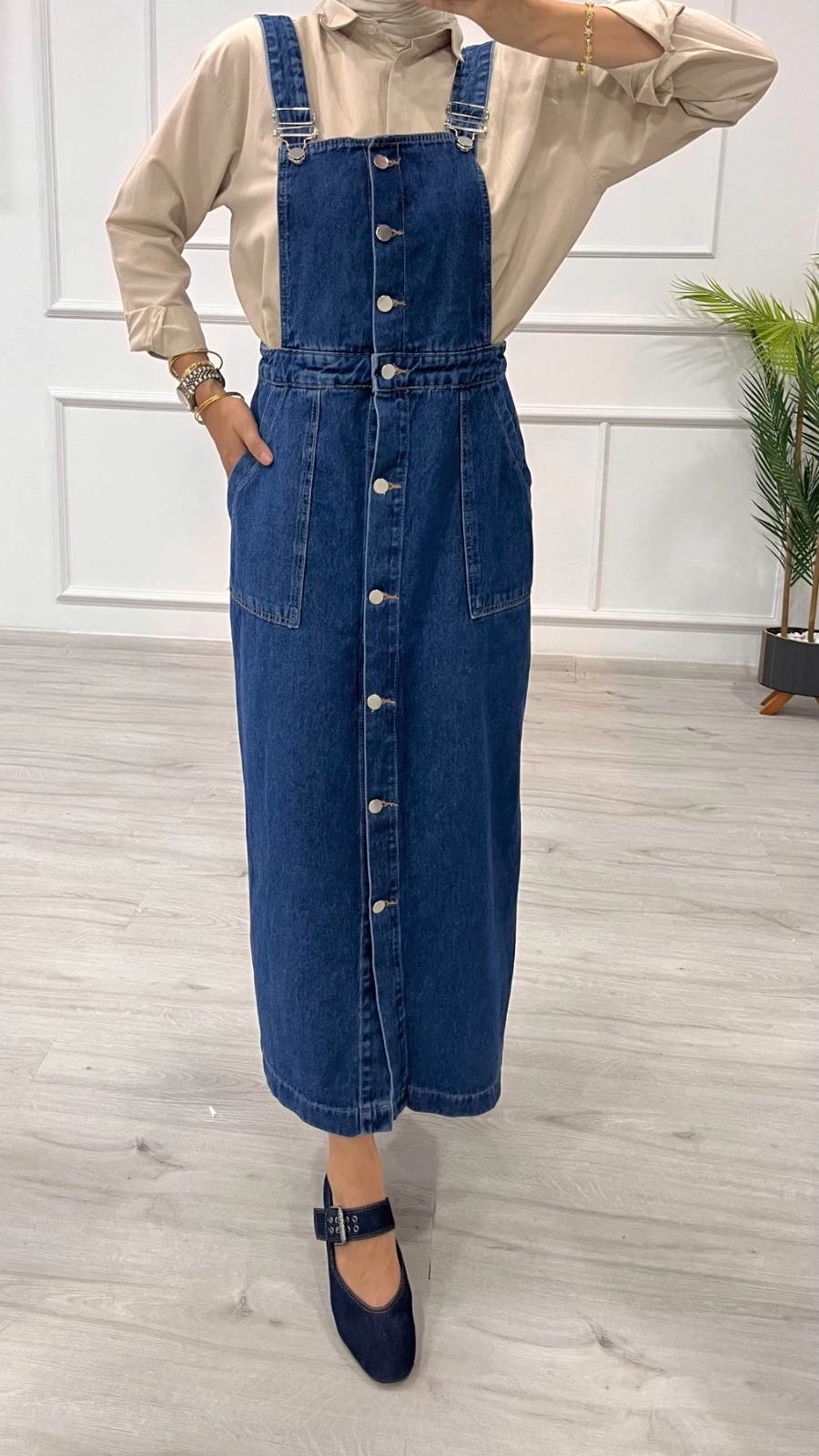 Etekli Salopet Enzim Süper Taş Yıkama Koyu Mavi