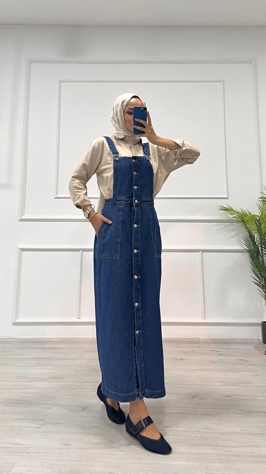 Etekli Salopet Enzim Süper Taş Yıkama Koyu Mavi