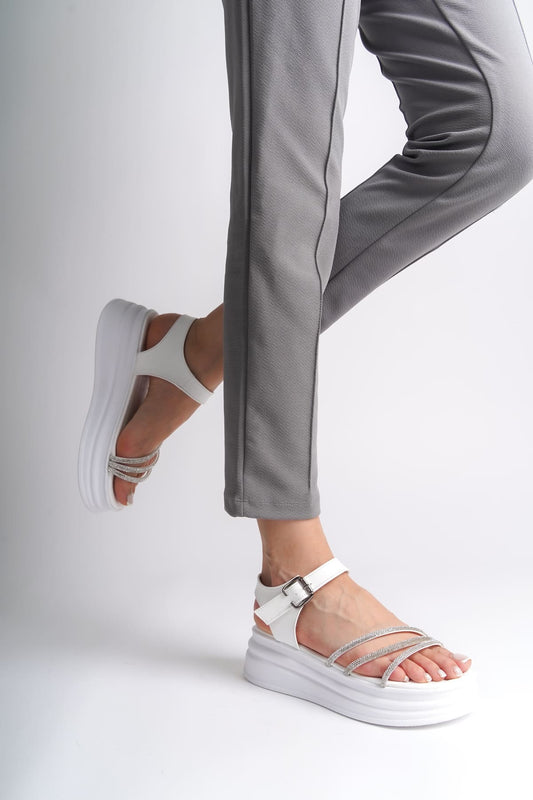 KITY Thick Buckled Stoned Striped Orthopedic Sole Women's Sandals - White
