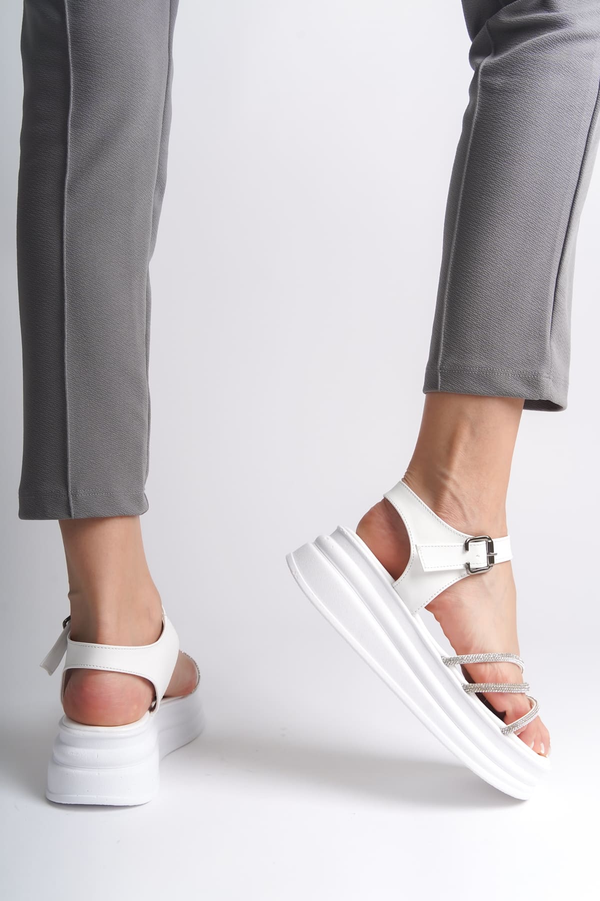 KITY Thick Buckled Stoned Striped Orthopedic Sole Women's Sandals - White