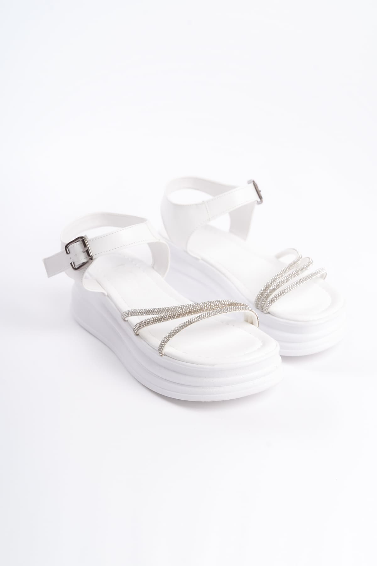 KITY Thick Buckled Stoned Striped Orthopedic Sole Women's Sandals - White