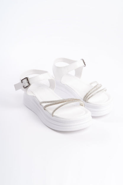 KITY Thick Buckled Stoned Striped Orthopedic Sole Women's Sandals - White