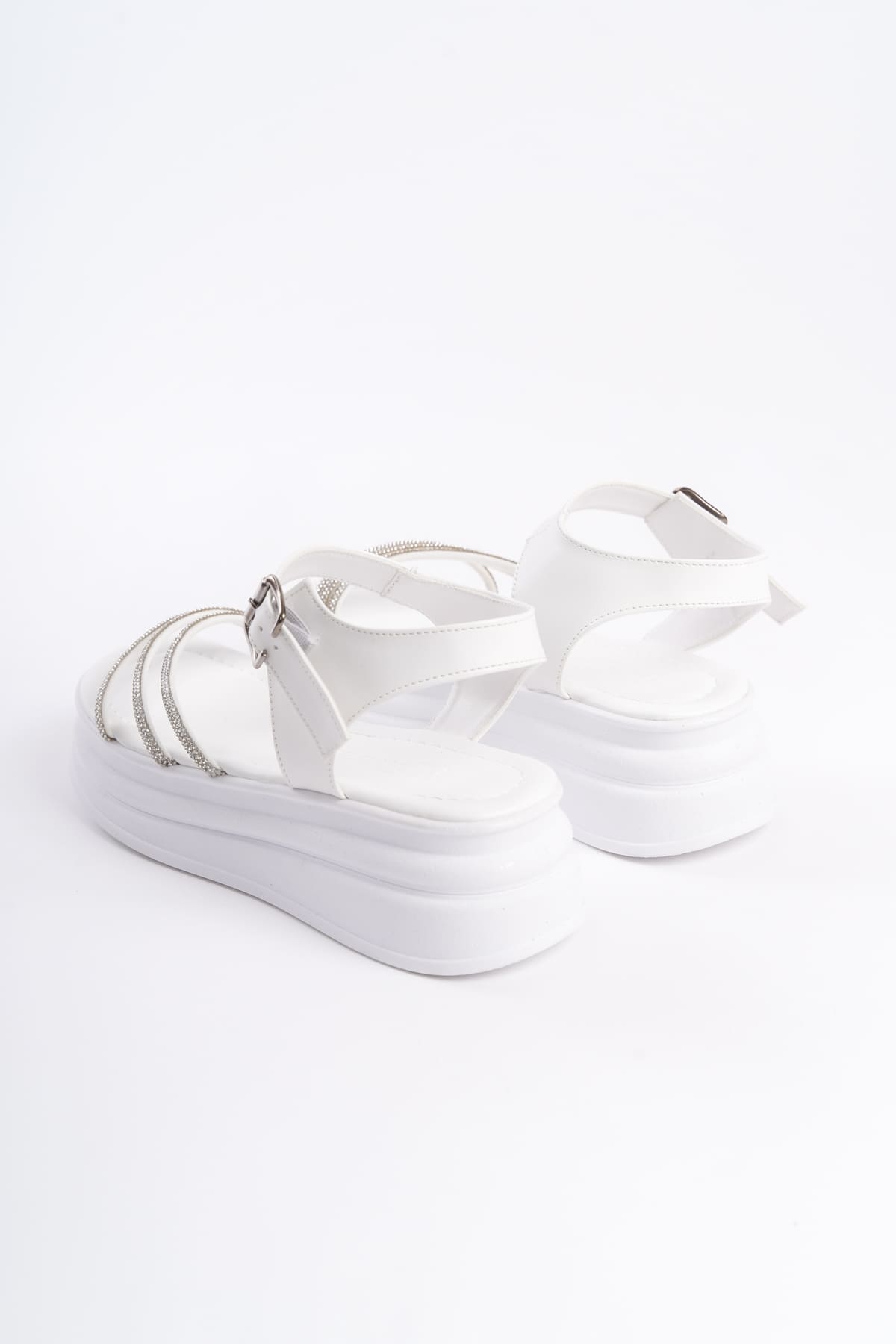 KITY Thick Buckled Stoned Striped Orthopedic Sole Women's Sandals - White