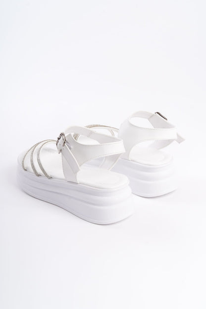 KITY Thick Buckled Stoned Striped Orthopedic Sole Women's Sandals - White