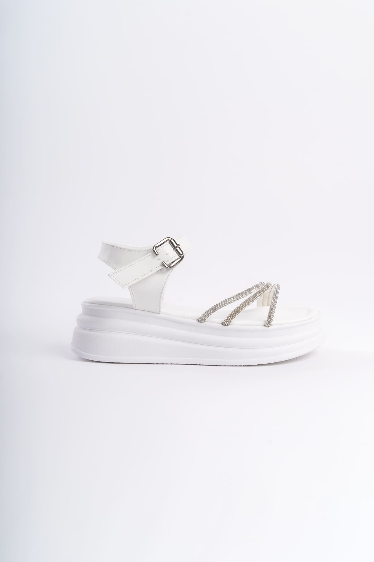 KITY Thick Buckled Stoned Striped Orthopedic Sole Women's Sandals - White