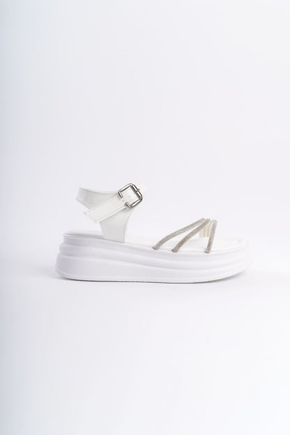 KITY Thick Buckled Stoned Striped Orthopedic Sole Women's Sandals - White