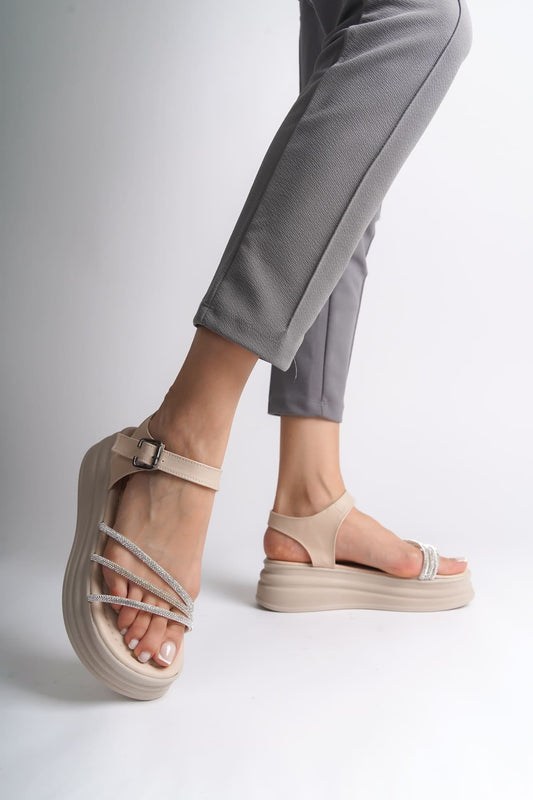 KITY Thick Buckled Stoned Striped Orthopedic Sole Women's Sandals - Cream