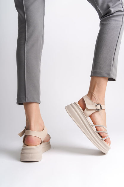 KITY Thick Buckled Stoned Striped Orthopedic Sole Women's Sandals - Cream