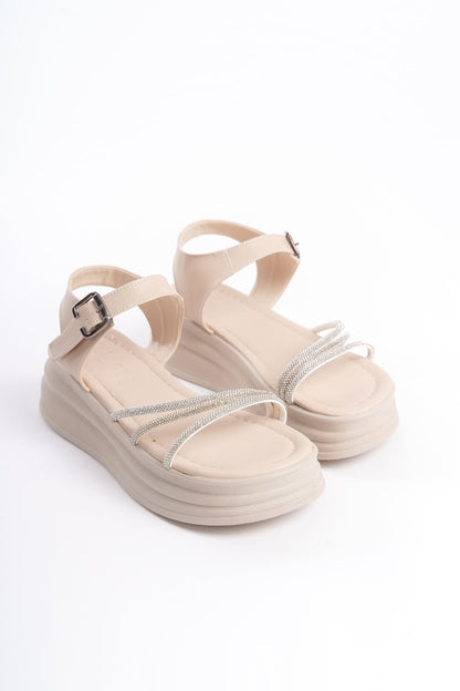 KITY Thick Buckled Stoned Striped Orthopedic Sole Women's Sandals - Cream