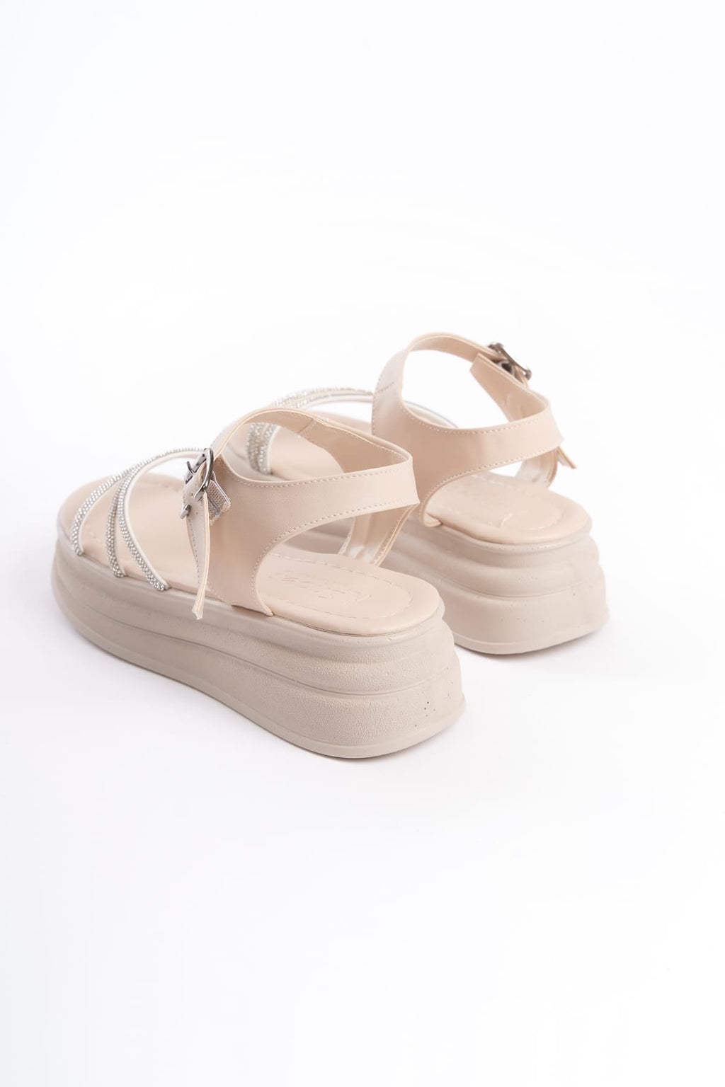 KITY Thick Buckled Stoned Striped Orthopedic Sole Women's Sandals - Cream