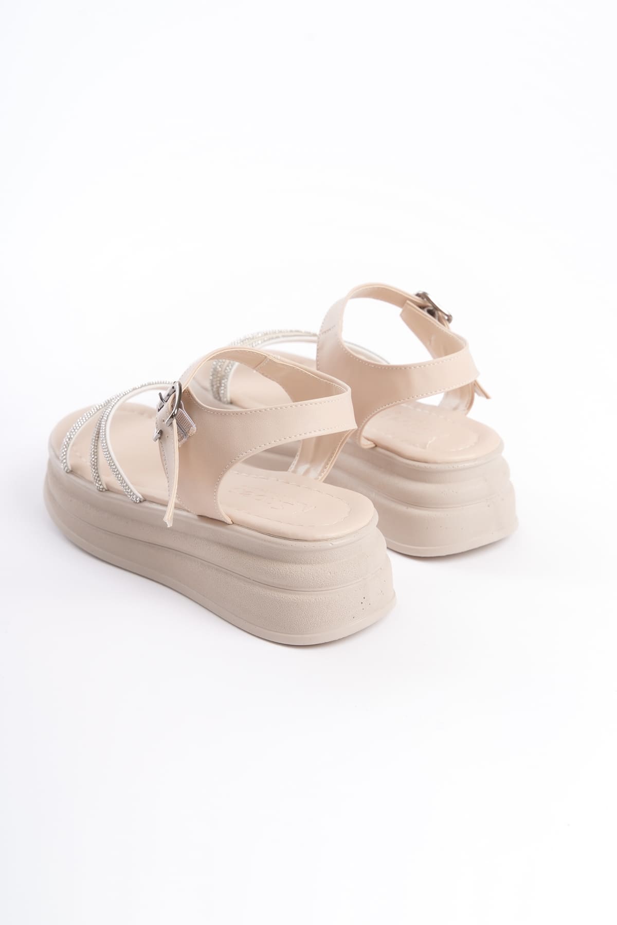 KITY Thick Buckled Stoned Striped Orthopedic Sole Women's Sandals - Cream