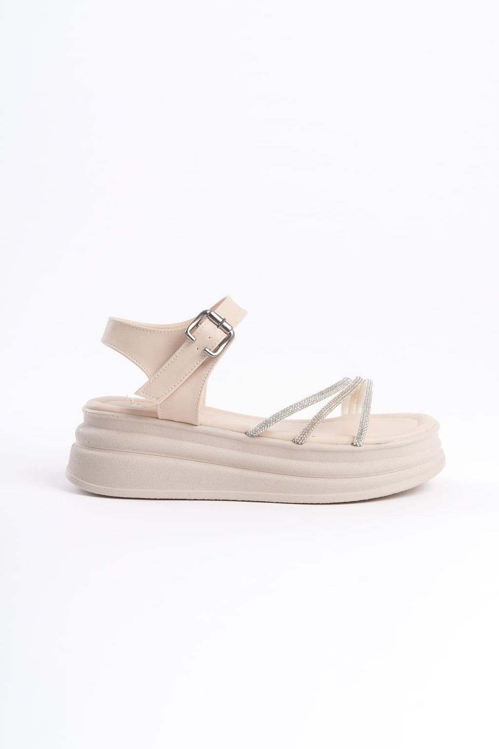 KITY Thick Buckled Stoned Striped Orthopedic Sole Women's Sandals - Cream