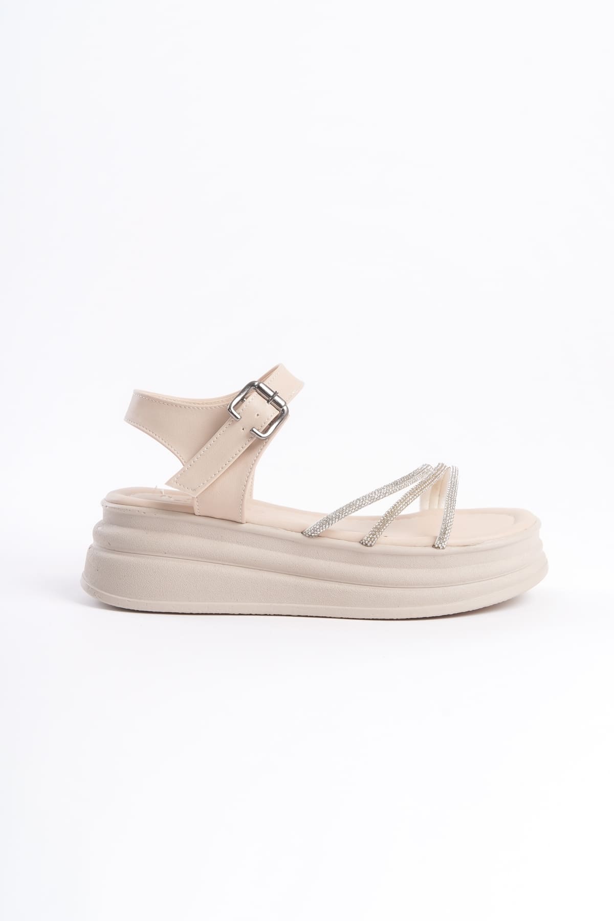 KITY Thick Buckled Stoned Striped Orthopedic Sole Women's Sandals - Cream