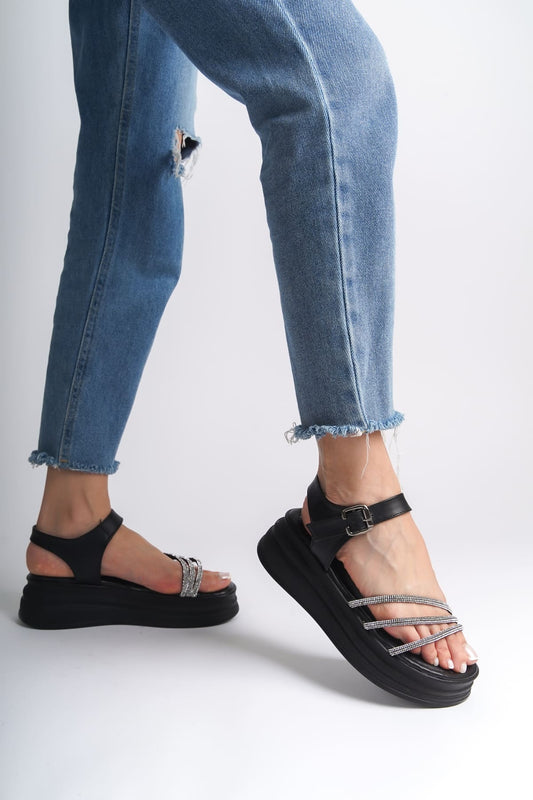KITY Thick Buckled Stoned Striped Orthopedic Sole Women's Sandals - Black