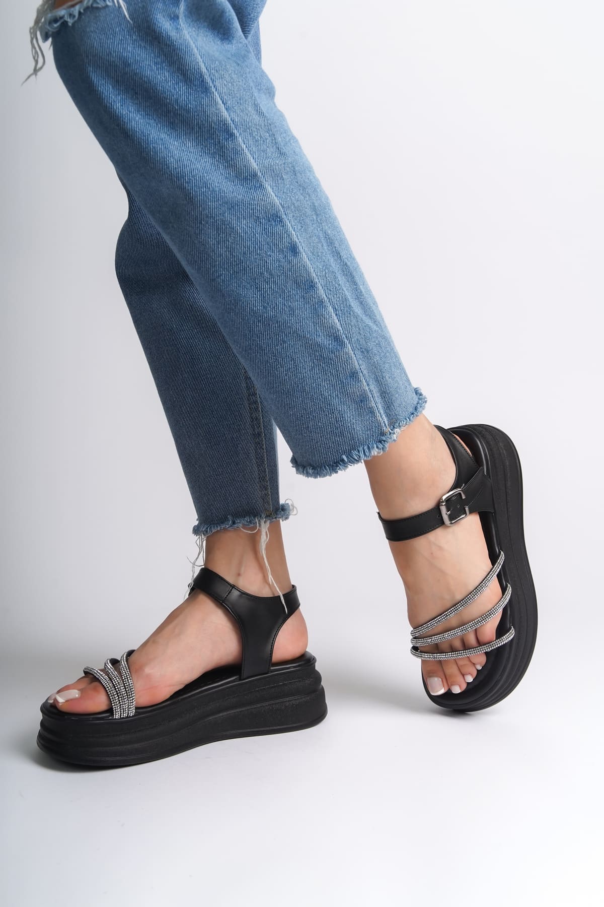 KITY Thick Buckled Stoned Striped Orthopedic Sole Women's Sandals - Black
