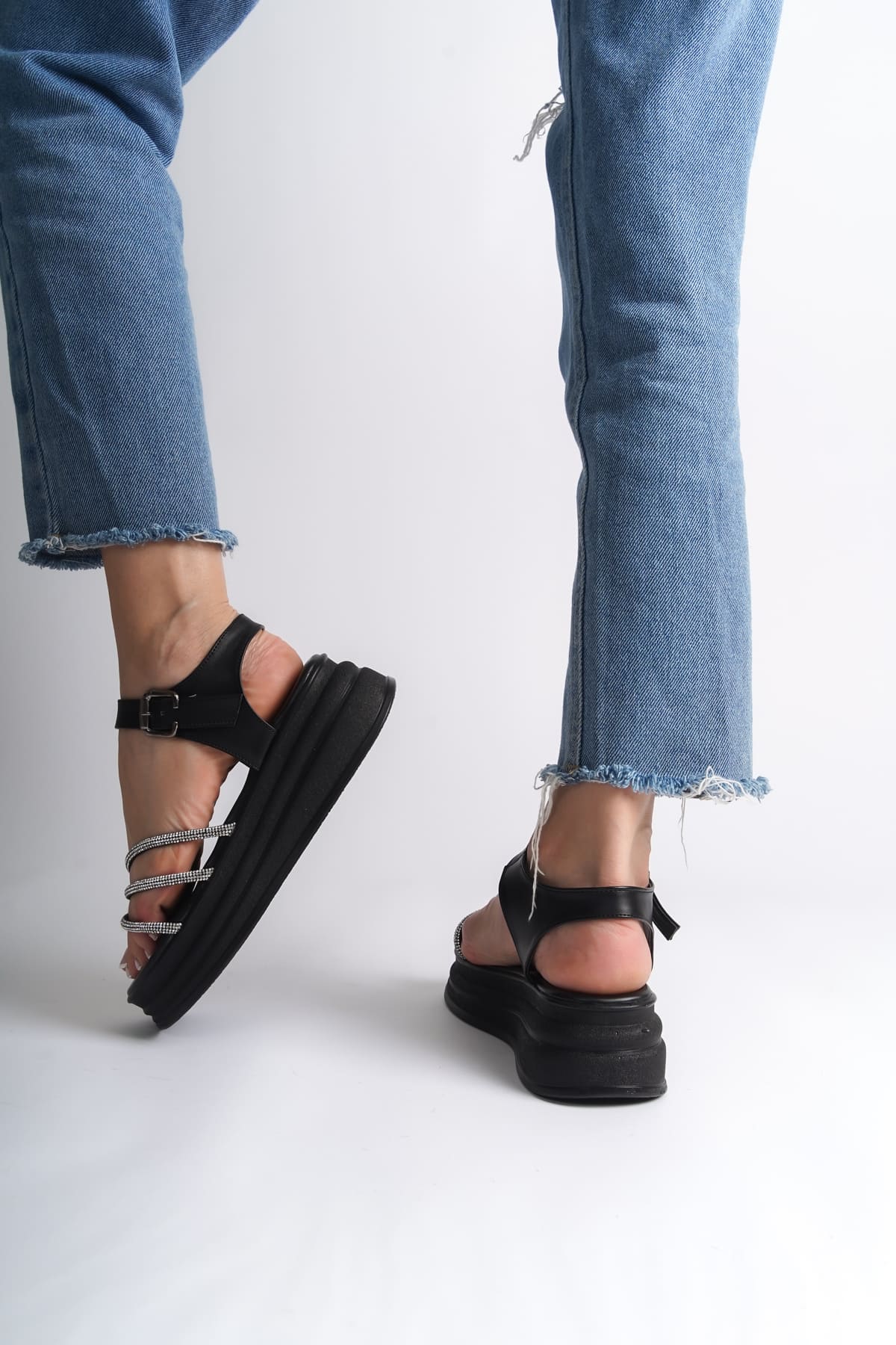 KITY Thick Buckled Stoned Striped Orthopedic Sole Women's Sandals - Black