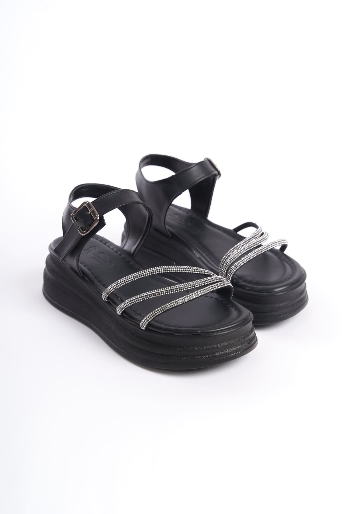 KITY Thick Buckled Stoned Striped Orthopedic Sole Women's Sandals - Black