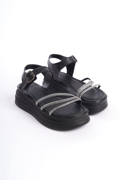 KITY Thick Buckled Stoned Striped Orthopedic Sole Women's Sandals - Black