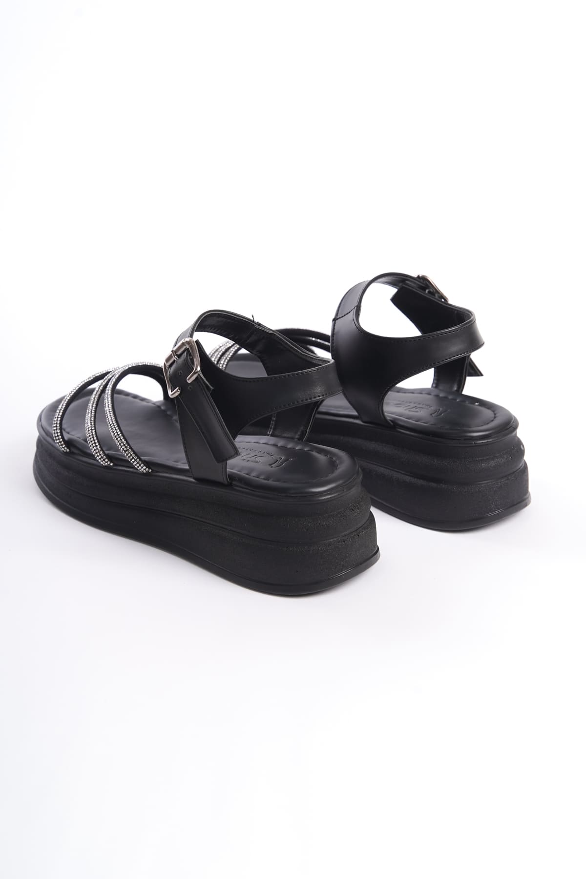 KITY Thick Buckled Stoned Striped Orthopedic Sole Women's Sandals - Black