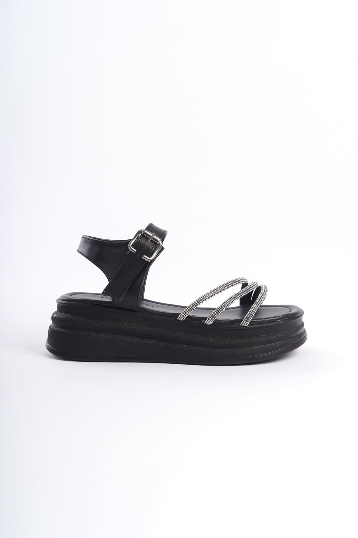 KITY Thick Buckled Stoned Striped Orthopedic Sole Women's Sandals - Black