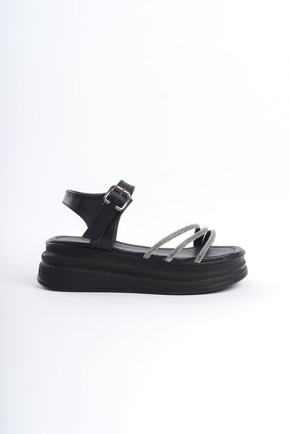 KITY Thick Buckled Stoned Striped Orthopedic Sole Women's Sandals - Black