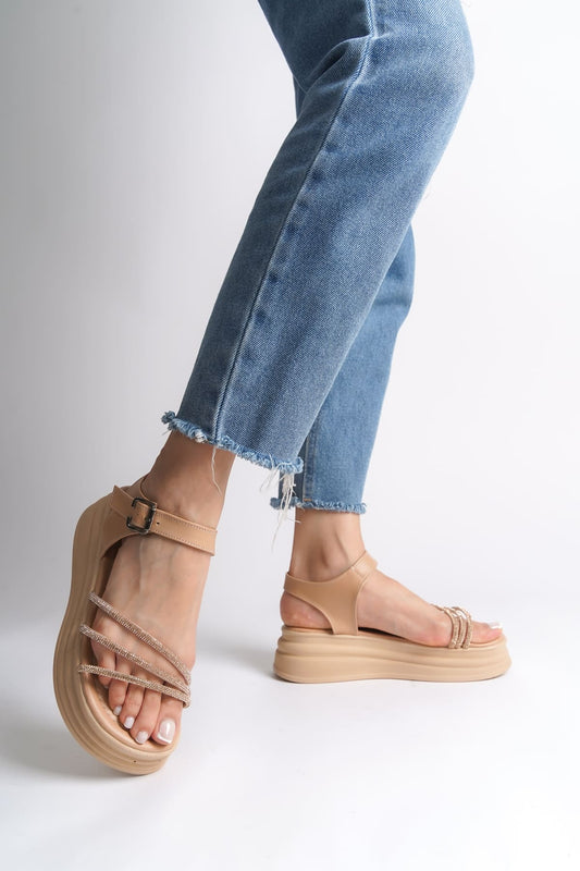 KITY Thick Buckled Stoned Striped Orthopedic Sole Women's Sandals - Ten