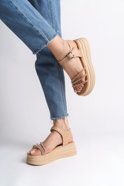 KITY Thick Buckled Stoned Striped Orthopedic Sole Women's Sandals - Ten