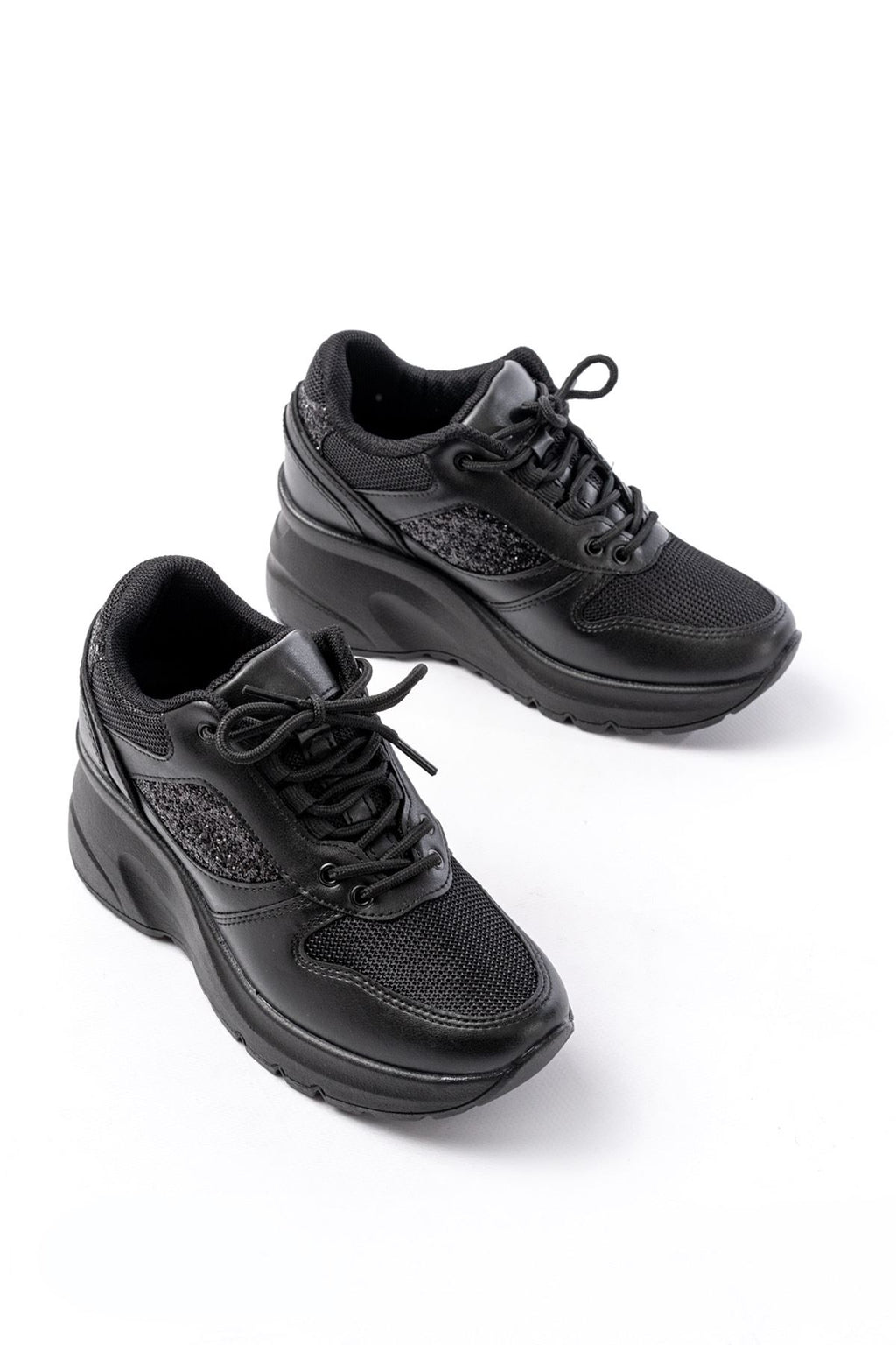 ZRİNF-185 Premium Siyah Günlük Bağcıklı Taş Aksesuarlı Sneaker