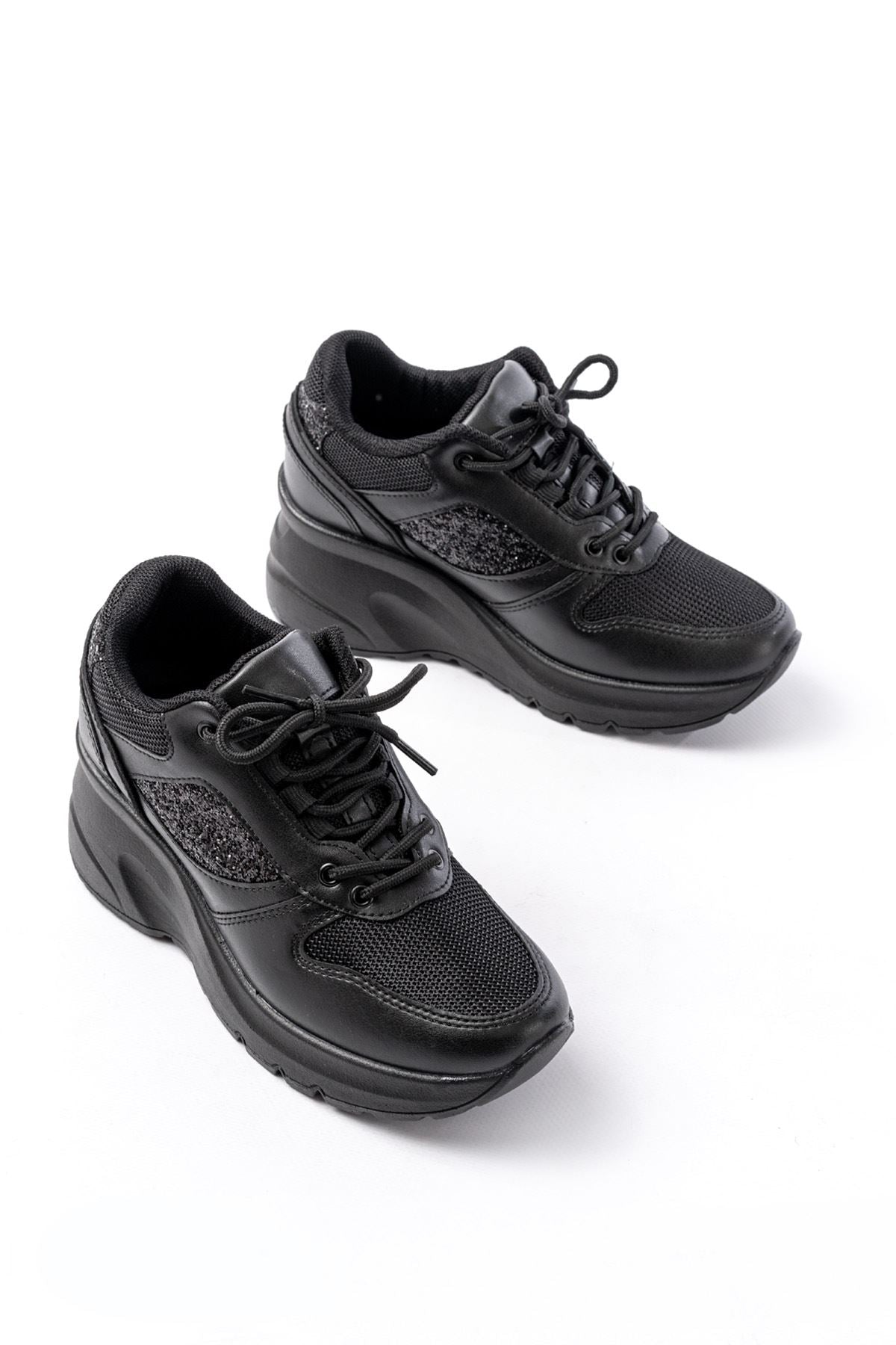 ZRİNF-185 Premium Siyah Günlük Bağcıklı Taş Aksesuarlı Sneaker