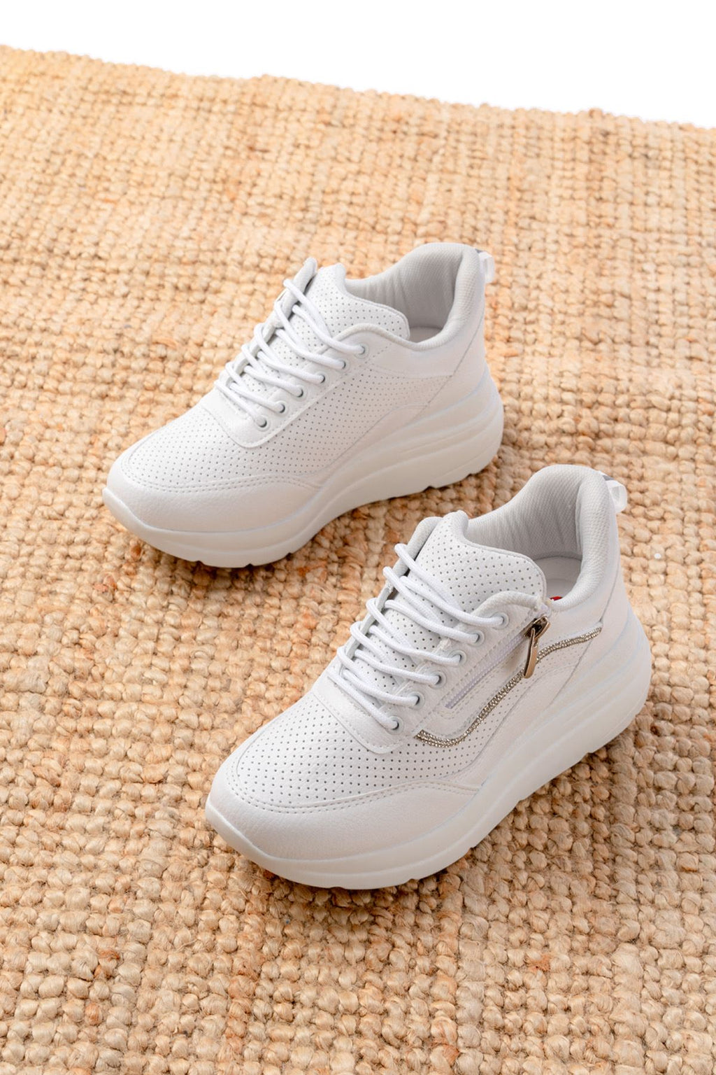 ZRİN-207 Premium Beyaz Bağcıklı Fermuarlı Taş Aksesuarlı Kadın Sneaker