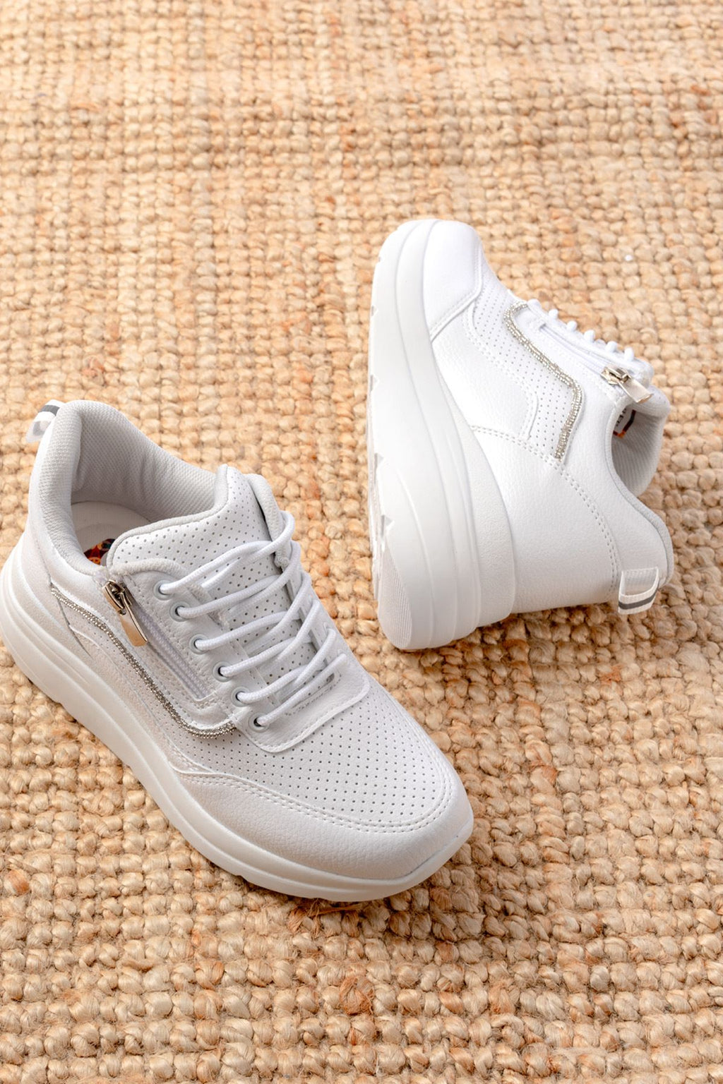 ZRİN-207 Premium Beyaz Bağcıklı Fermuarlı Taş Aksesuarlı Kadın Sneaker