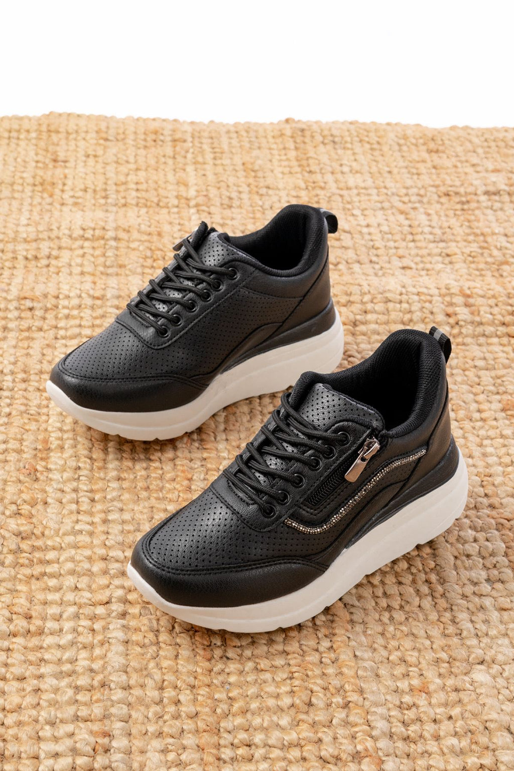 ZRİN-207 Premium Siyah Bağcıklı Fermuarlı Taş Aksesuarlı Kadın Sneaker