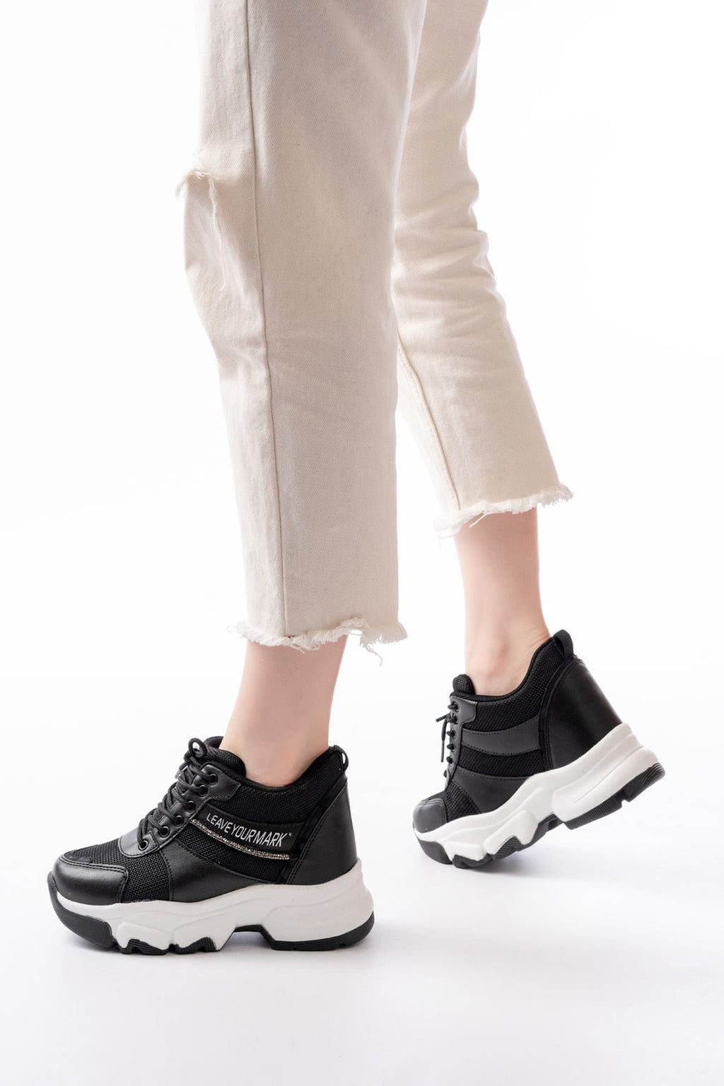 ZRİNF-209 Premium Siyah Bağcıklı Fileli Taş Aksesuarlı Kadın Sneaker