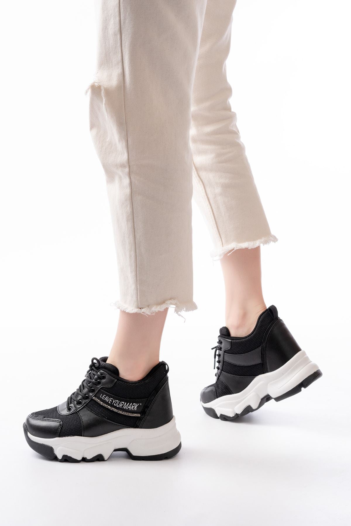 ZRİNF-209 Premium Siyah Bağcıklı Fileli Taş Aksesuarlı Kadın Sneaker