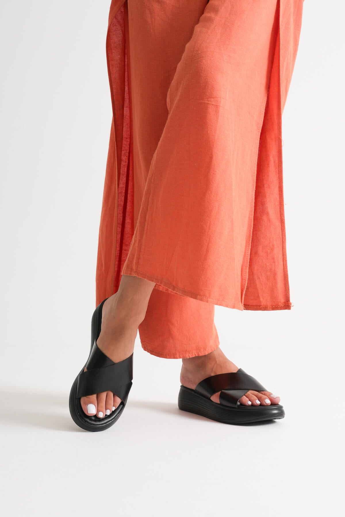 Fayn Premium Flat Genuine Leather Black Slippers