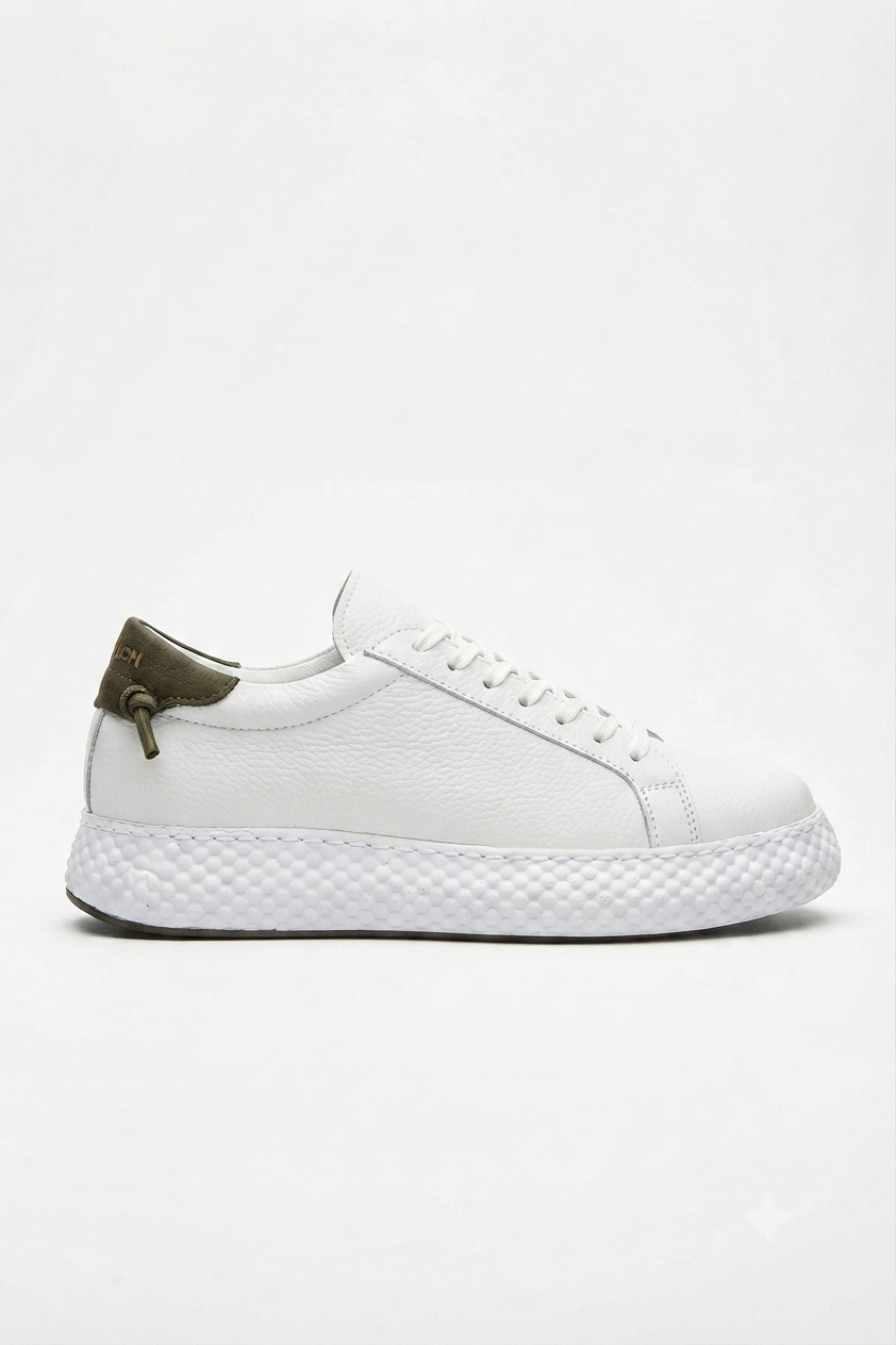 Felibord Bağcıklı Kalın Taban Premium Erkek Sneaker Beyaz Haki