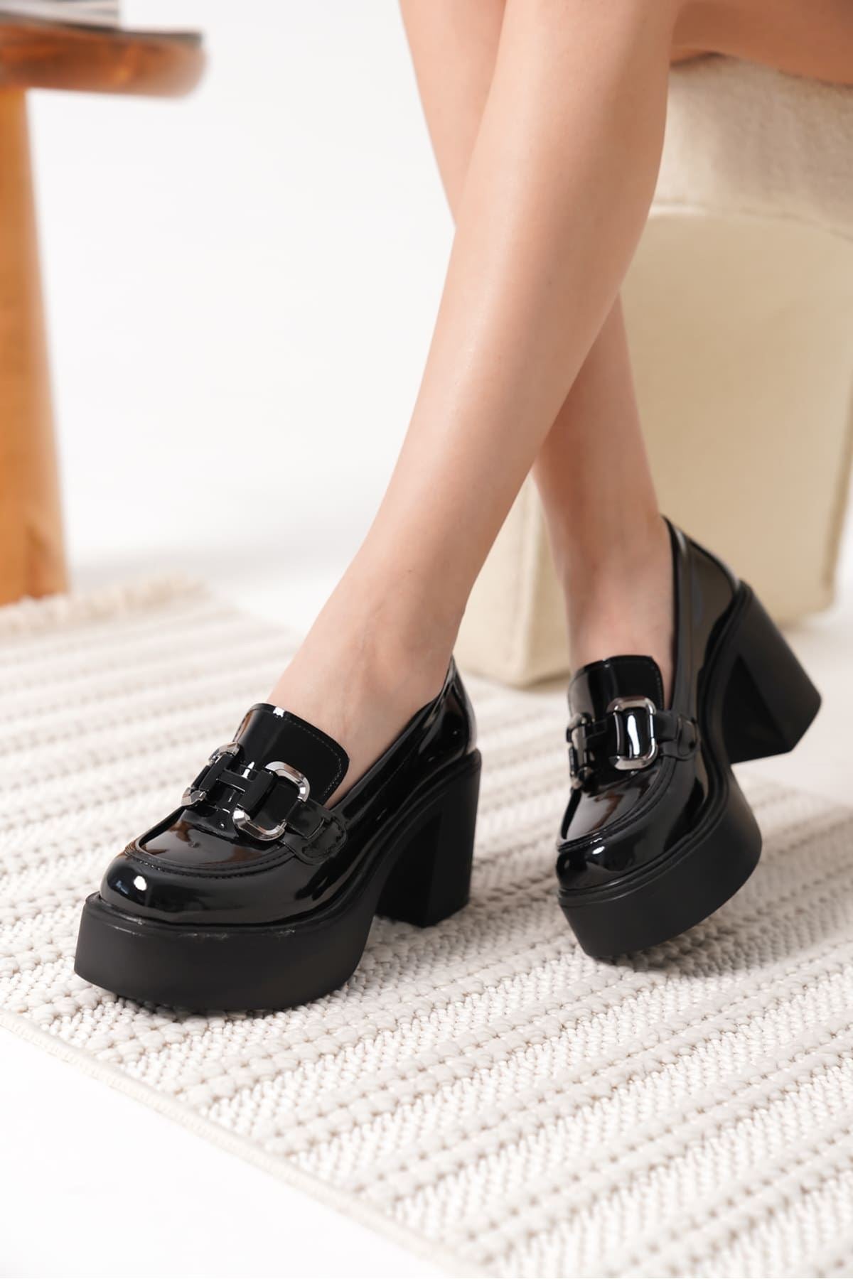 Felice Premium Black Patent Leather Silver Buckle Women's Loafer